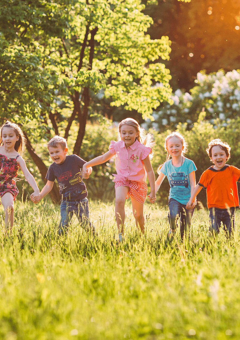 Widok na dzieci biegające po zielonej łące.