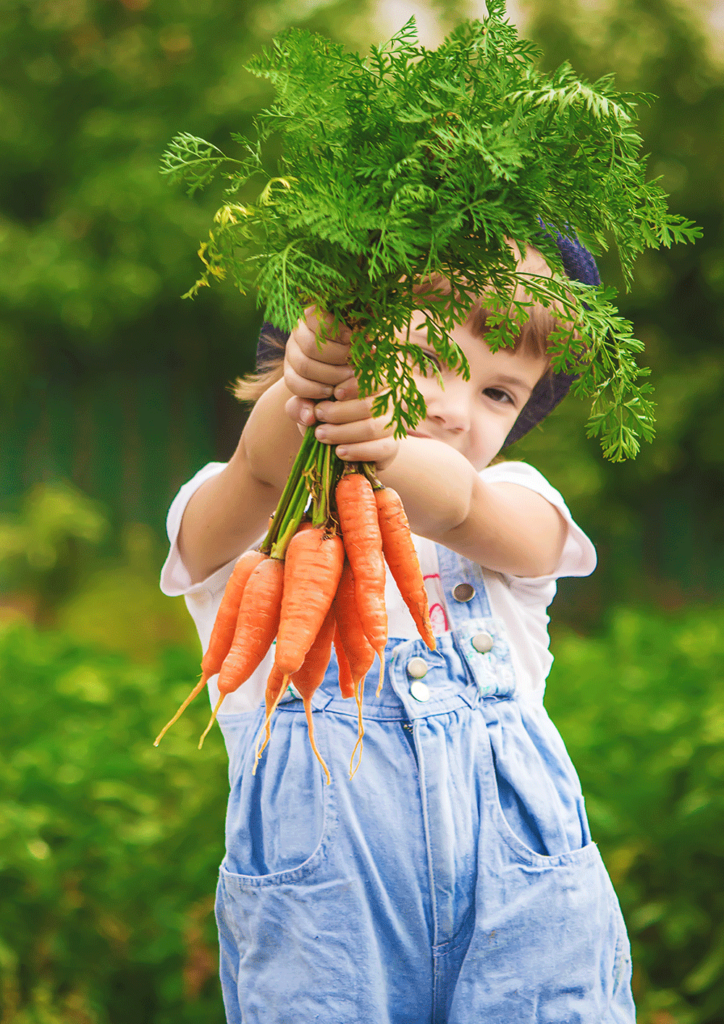 Wizerunek dziewczynki prezentującej pęk świeżych marchewek, symbolizujący świeżość w cateringowej ofercie.