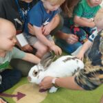 Dzieci ze żłobka głaszczą i nachylają się nad białym królikiem.